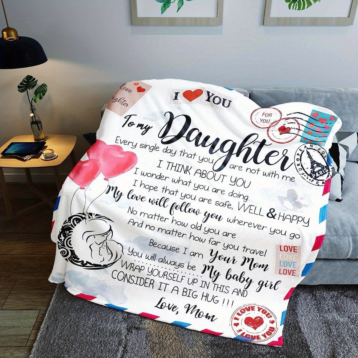 1pc Envelope Printed Flannel Blanket, To My Daughter From Mom Blanket For All Season, Warm Cozy Soft Throw Blanket Nap Blanket For Couch Bed Sofa Office Camping Travel Home Decor, Holiday Gift Blanket For Daughter