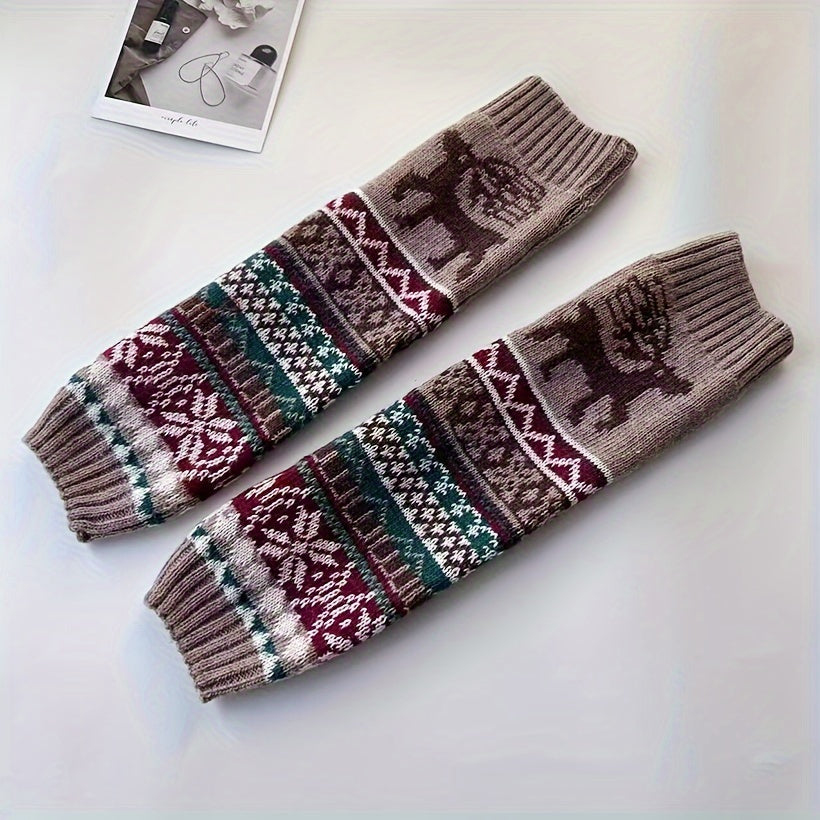 1 par de calcetines navideños de otoño e invierno con copos de nieve y cervatillo, rodilleras de punto, calentadores de piernas y cubrepiés, regalos para mujeres.