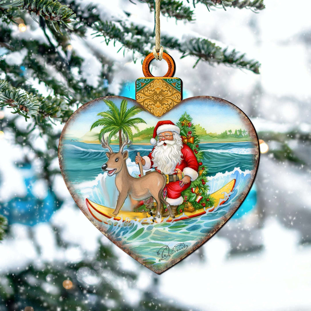 Wooden Christmas Ornaments - Surfing Santa Heart Wooden Ornaments by G.Debrekht - Coastal Holiday Decor - 8688174
