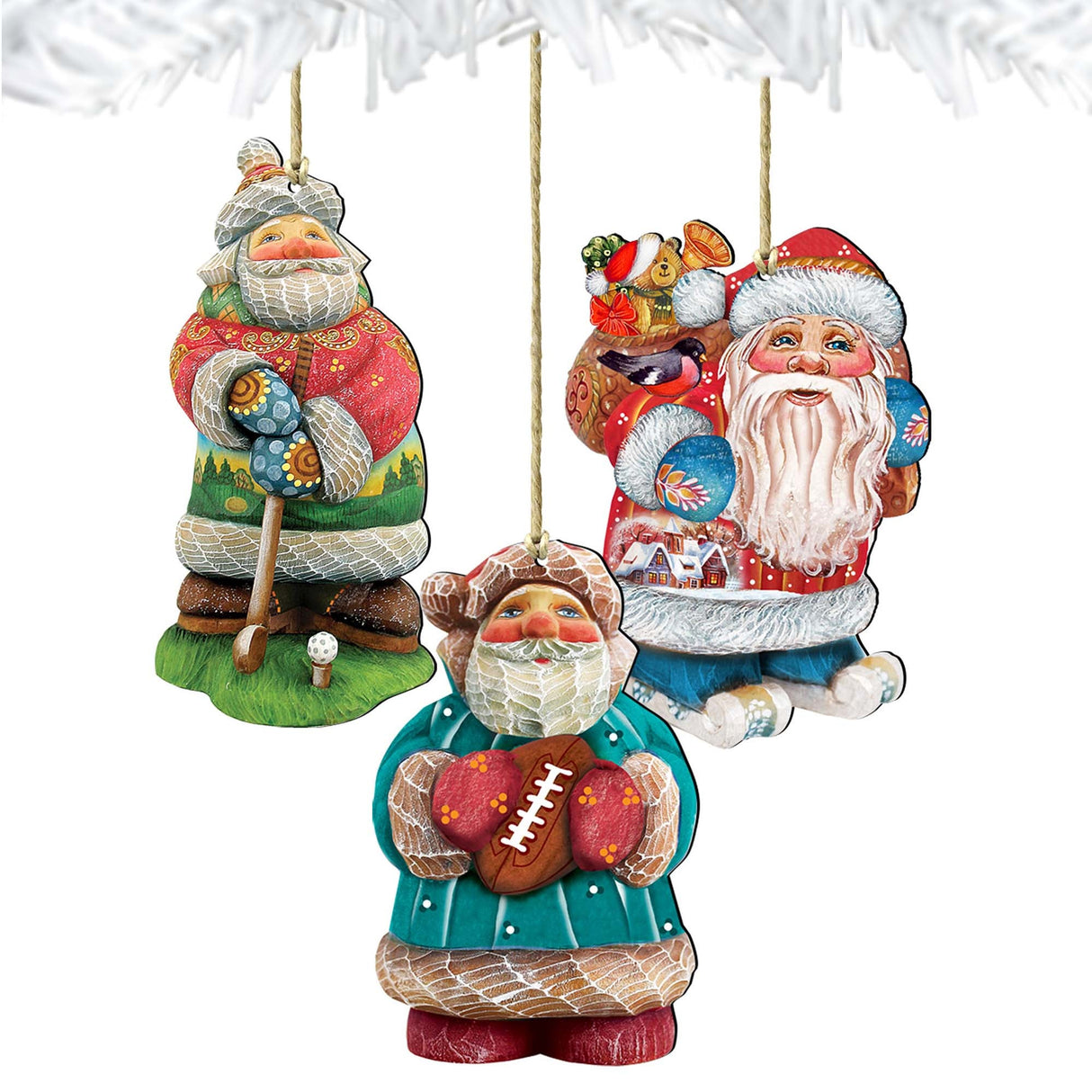 Adornos de madera de Papá Noel deportivo (juego de 3) de G. DeBrekht - Decoración navideña de Papá Noel y muñeco de nieve - 8100031S3