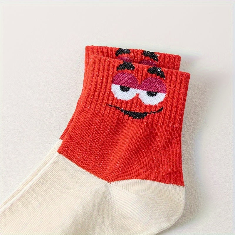5 Pairs Cartoon Eyes Print Socks, Soft & Comfy Ankle Socks, Women's Stockings & Hosiery