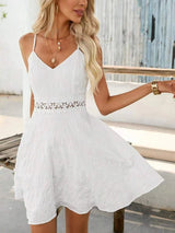 Cross Border Hot Sale Sling Stitching Lace Dress V-neck Casual