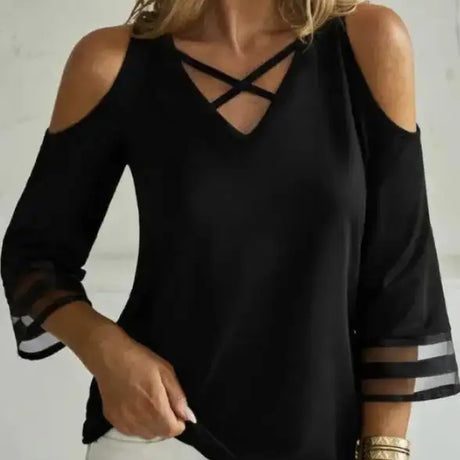 Ladies' Solid Color Collar Cross Design Off Shoulder Fashionable Casual Mid Long Sleeved T-shirt Top - Lootquake