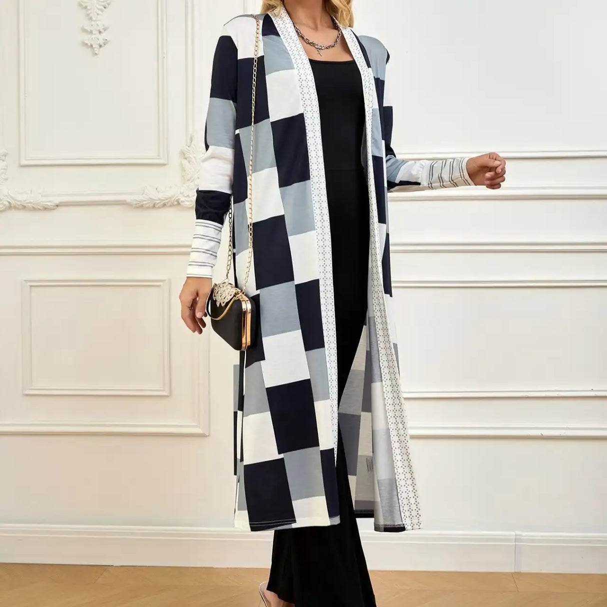 Women's Jacket Color Block Long Outer Sleeve Cardigan Casual Coat Open Front Coat Black - Lootquake