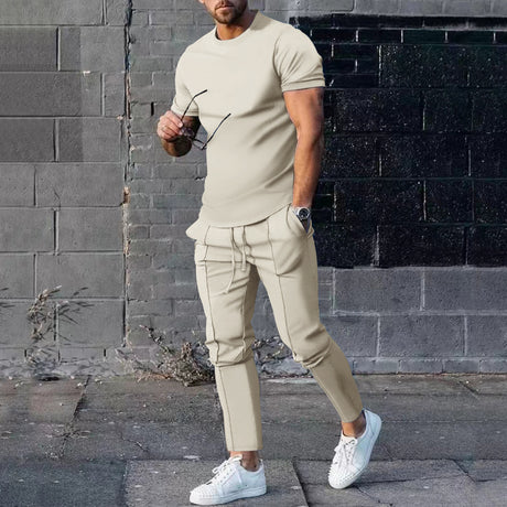 Solid Color Casual Round Neck Short Sleeves T-shirt Trousers Two-piece Set - Lootquake