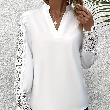 Women's Fashionable New V-neck Lace Patchwork Long Sleeved Top Shirt - Lootquake