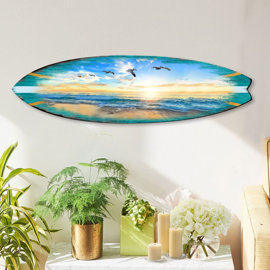 Tabla de surf al atardecer, arte costero para puerta de G. DeBrekht - Decoración costera con vida marina - 8490103HS