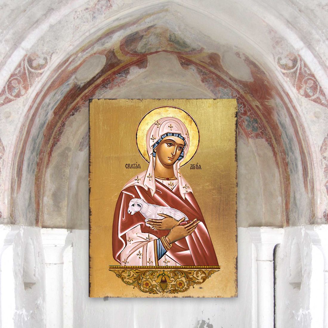 Icono religioso cristiano sagrado de Santa Agnia, de madera bañada en oro - Decoración inspiradora - 85025