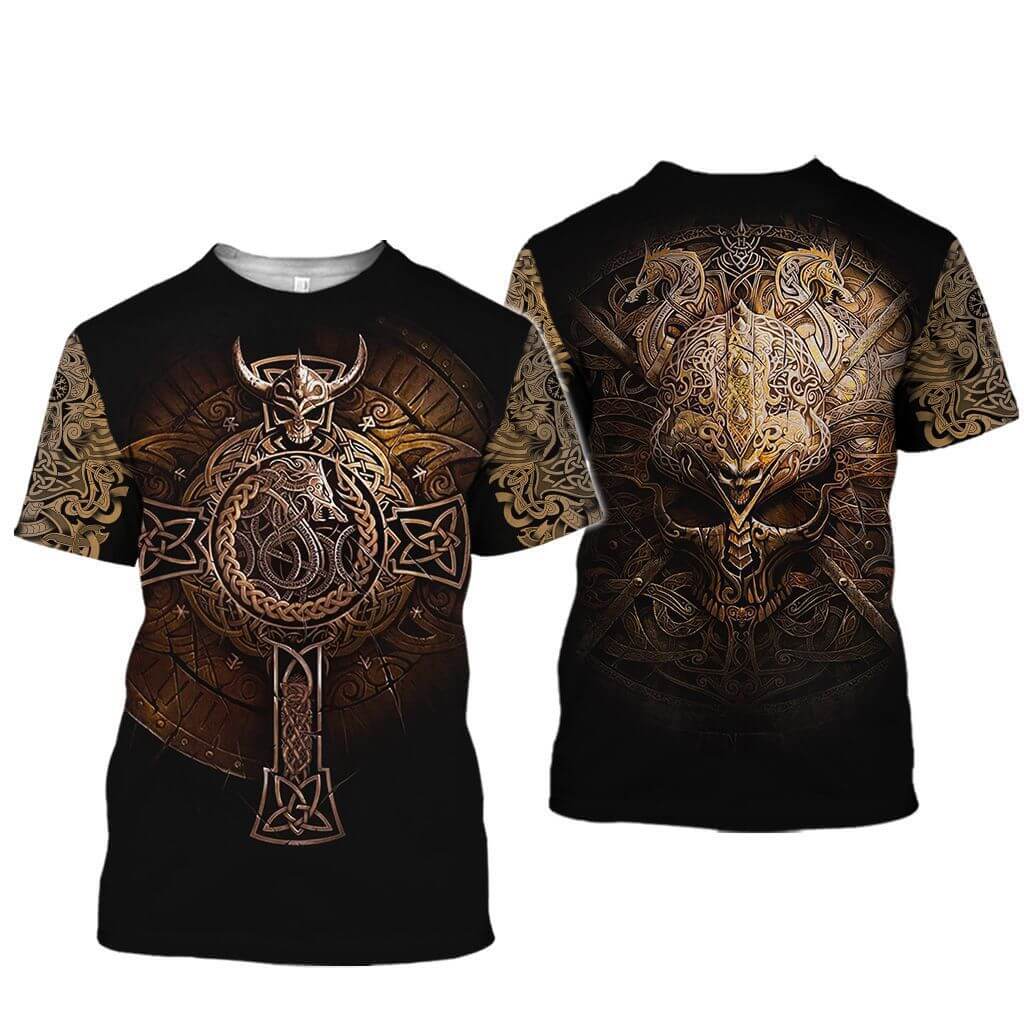 Camiseta vikinga de poliéster con calavera de dragón y nudo celta