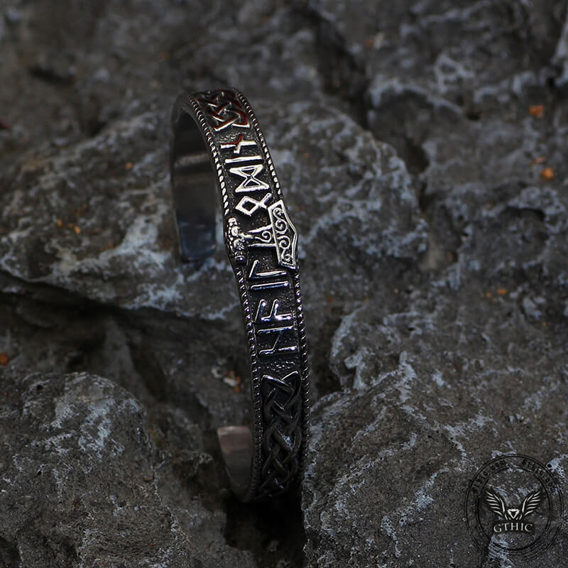 Pulsera vikinga de acero inoxidable con nudo celta y runas Mjolnir