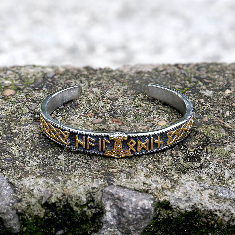 Pulsera vikinga de acero inoxidable con nudo celta y runas Mjolnir