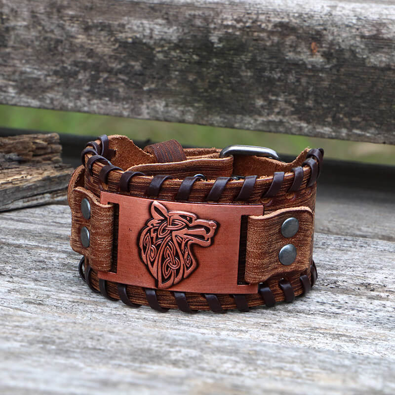 Celtic Wolf Leather Alloy Viking Bracelet