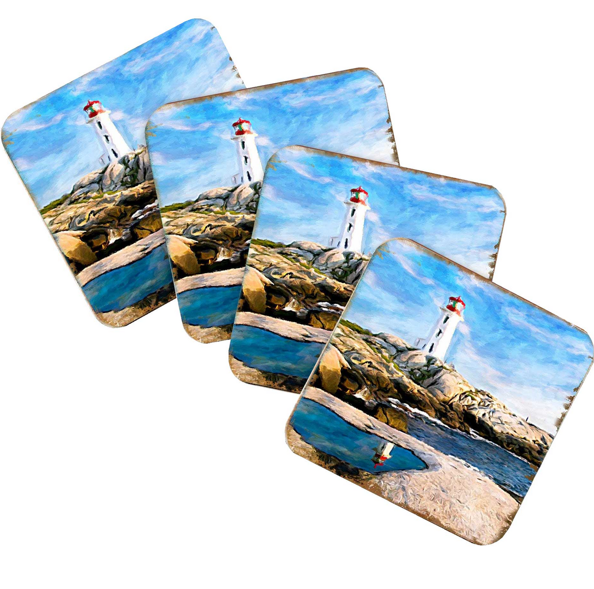 Juego de 4 posavasos de corcho de madera con temática costera de Lighthouse Bay, de Nature Wonders - Decoración costera con temática marina - 95268C-S4
