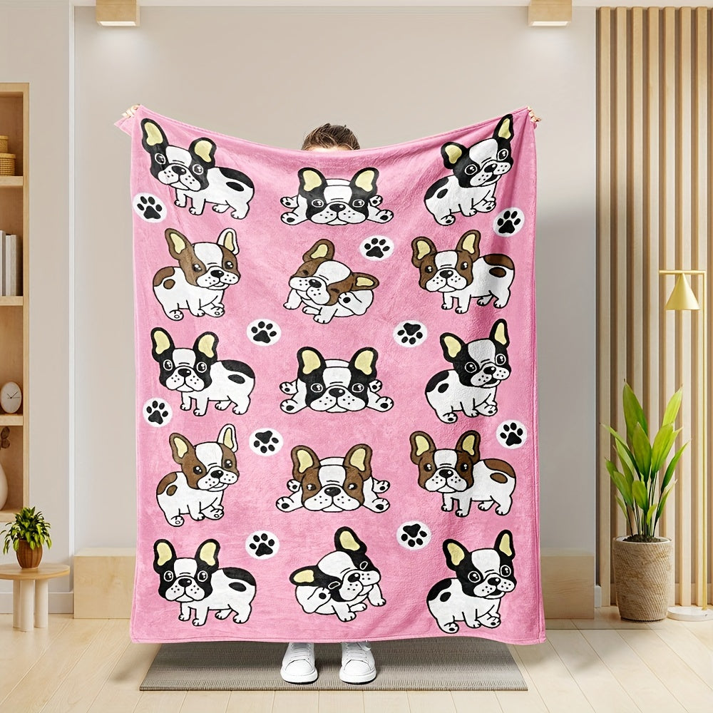 1pc Cute French Bulldog Pattern Flannel Throw Blanket, Modern Polyester Rectangular Blanket For Multiple Use, Traditional Style, Soft & Cozy For Home Decor