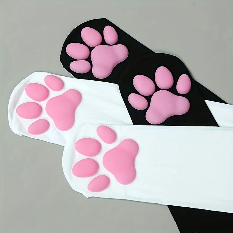 1 Pair of Women's Cute 3D Cat Paw Thigh-High Socks - Soft Nylon, Silicone Grip, Cosplay & Lolita Style, Black with Pink Accents, Hand Washable