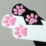 1 Pair of Women's Cute 3D Cat Paw Thigh-High Socks - Soft Nylon, Silicone Grip, Cosplay & Lolita Style, Black with Pink Accents, Hand Washable