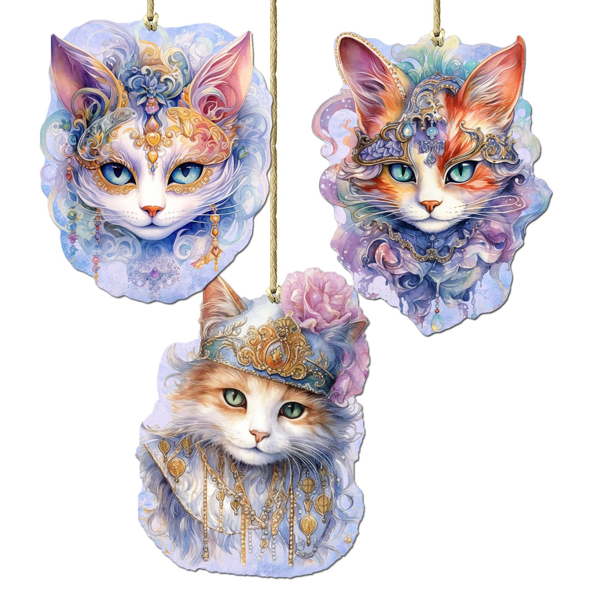 Beautiful Cats Decorative Wooden Ornaments Set of 3 by G. Debrekht - Christmas Decor - 8091033-S3