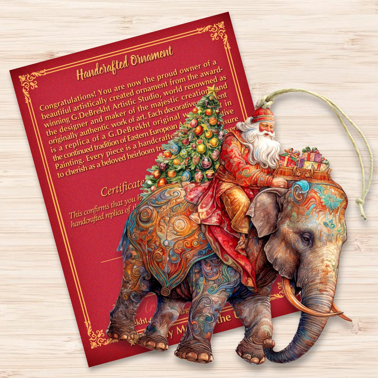 Adornos de madera de Papá Noel sobre un elefante de G. Debrekht. Decoración navideña de Papá Noel y muñeco de nieve - 8611043-2