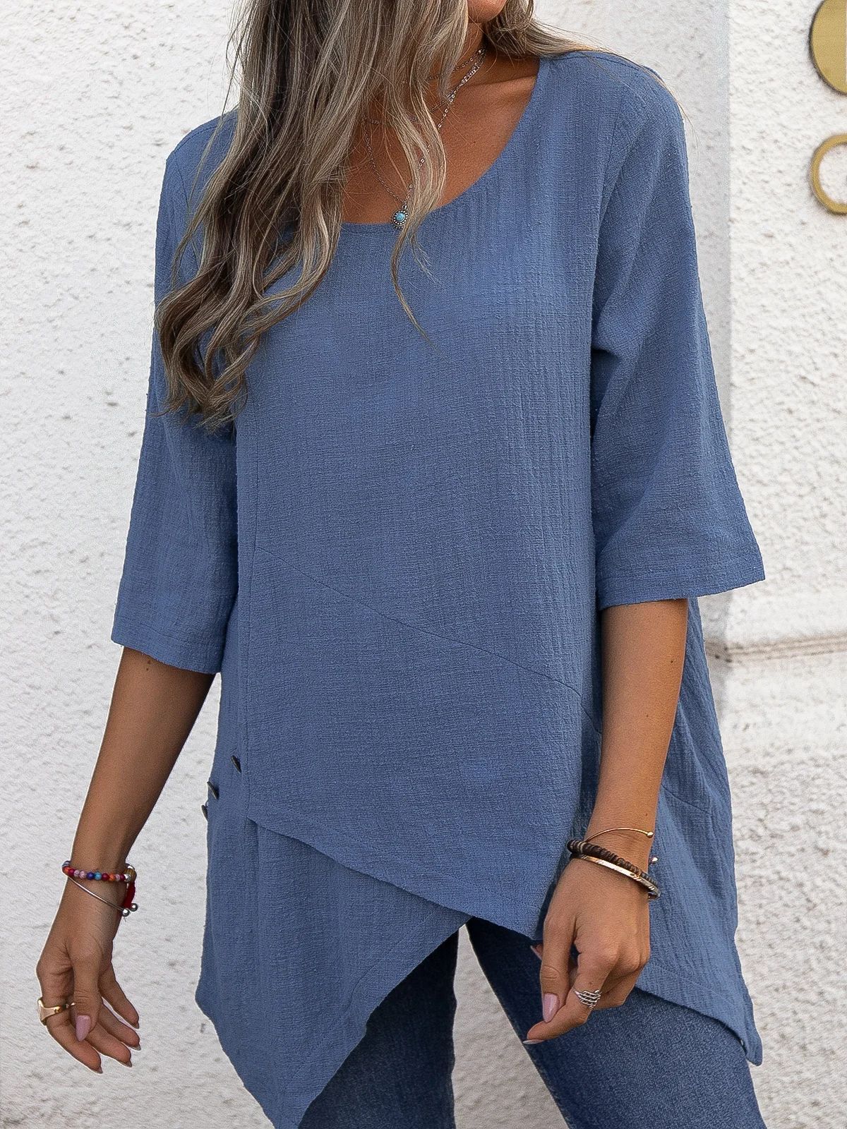 Cotton Linen Round-neck Irregular Shirt Half Sleeve Shirt