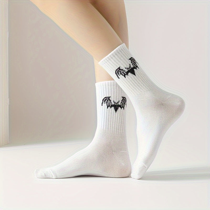 5 Pairs Bat Print Socks, Gothic & Comfy Mid Tube Socks, Women's Stockings & Hosiery