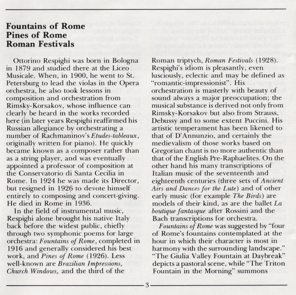 Pines Of Rome • Fountains Of Rome • Feste Romane (CD) | Near Mint (NM) Near Mint (NM)