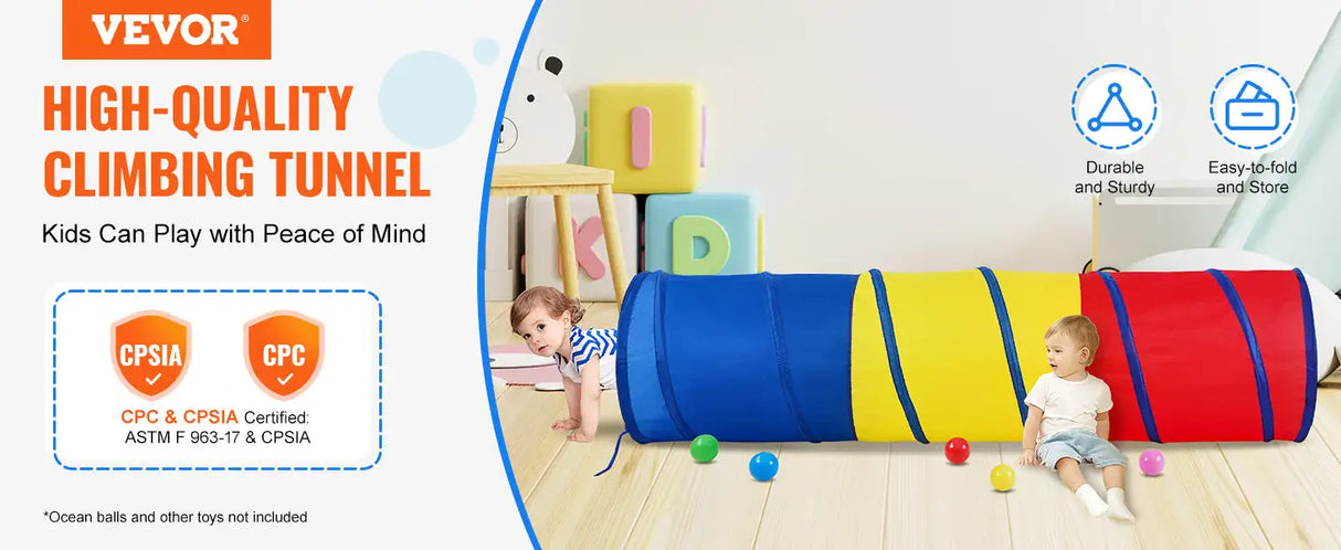 VEVOR Kids Play Tunnel Tent for Toddlers Collapsible Gift for Boy and Girl Play Tunnel Indoor and Outdoor Game Red/Yellow/Blue - Lootquake