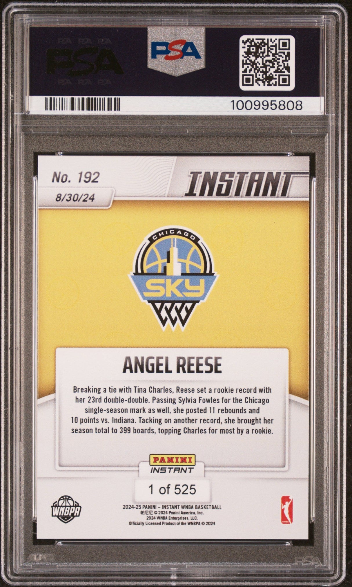 Tarjeta de baloncesto Panini Instant WNBA Angel Reese n.° 192 Rookie RC PSA 10 Gem Mint, clasificada en 2024