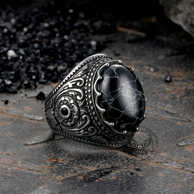 Cracked Black Turquoise Patterned Stainless Steel Ring