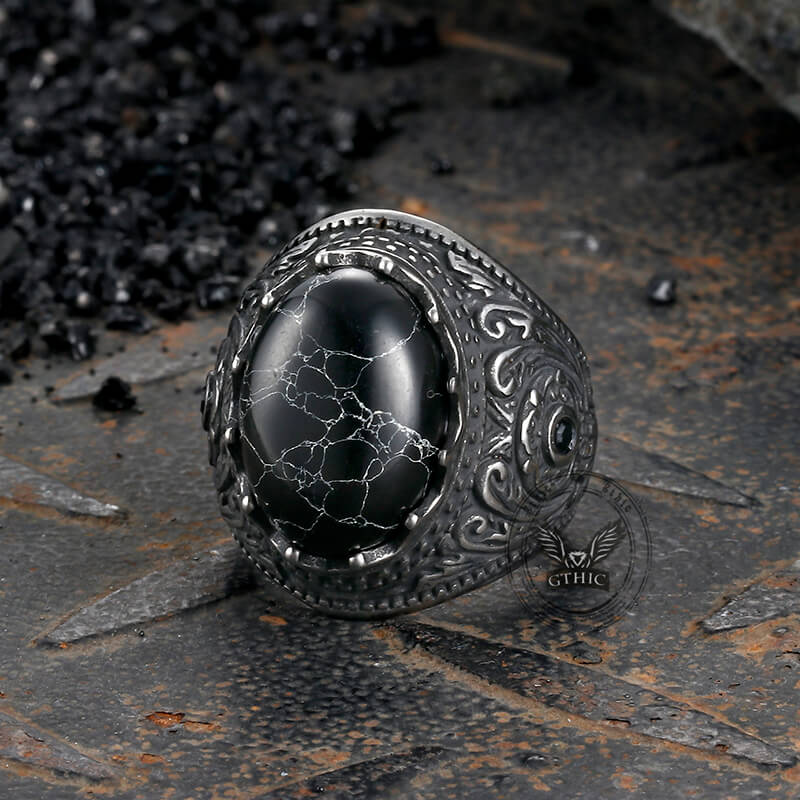 Cracked Black Turquoise Patterned Stainless Steel Ring