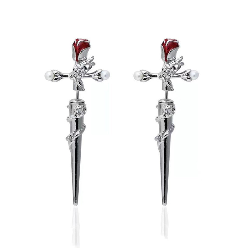 Cross Rose Copper Silver Plated Earrings