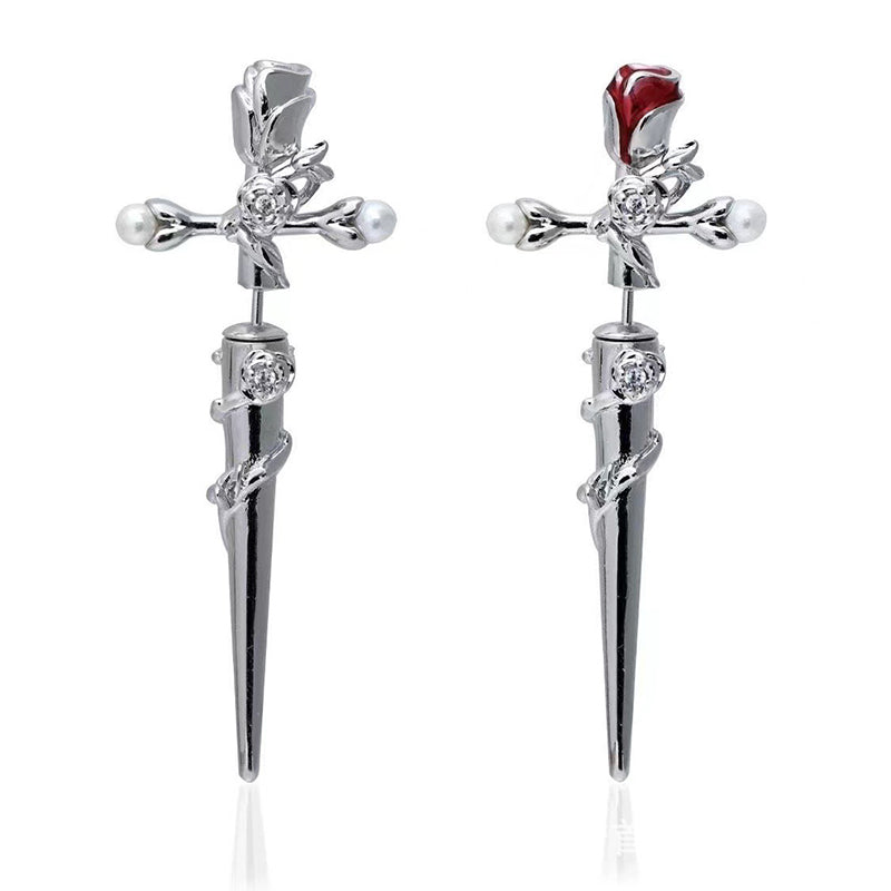 Cross Rose Copper Silver Plated Earrings
