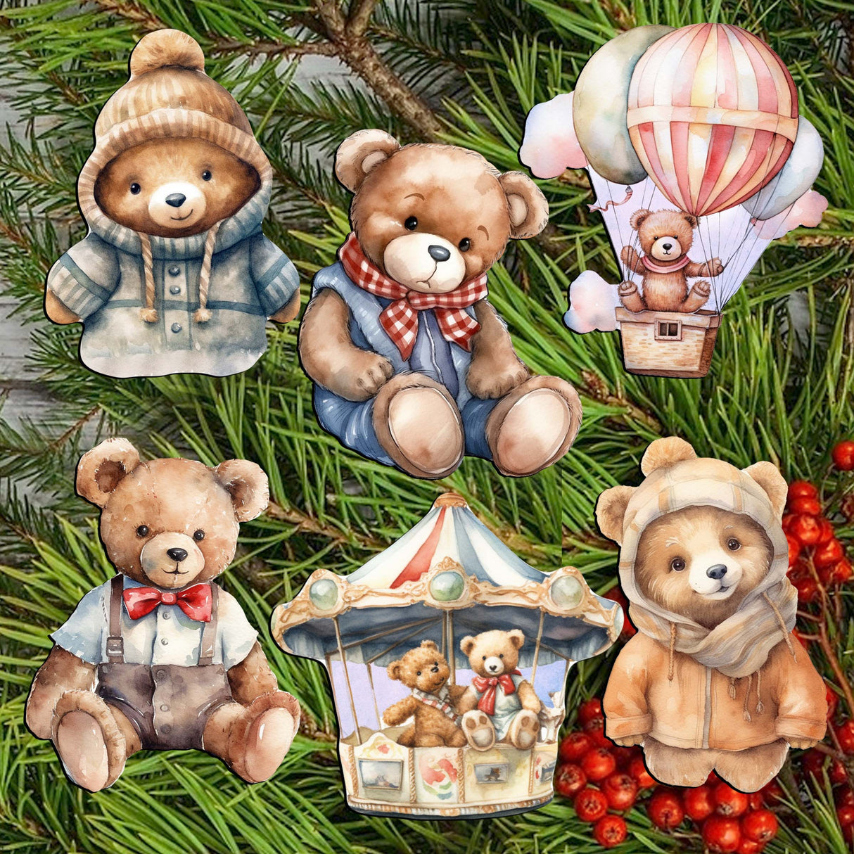 Teddy Bear Decorative Wooden Clip-on Ornaments Set of 6 by G. Debrekht - Christmas Decor - 8090025C-S6