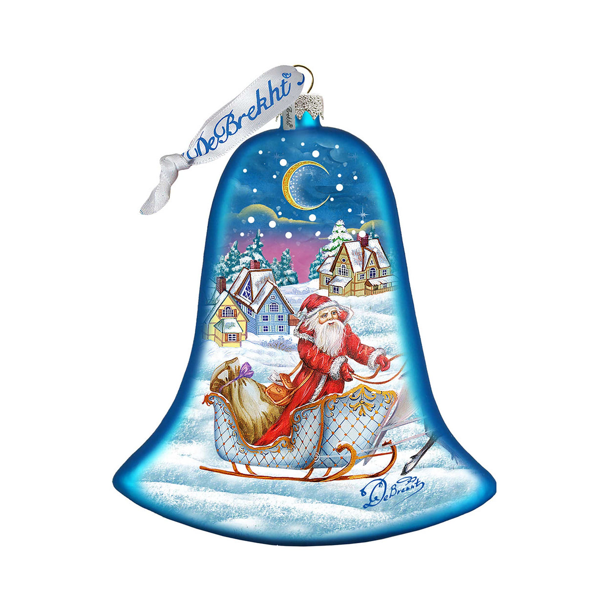 Santa Sleigh Bell Glass Ornament by G. DeBrekht - Christmas Santa Snowman Decor - 73341
