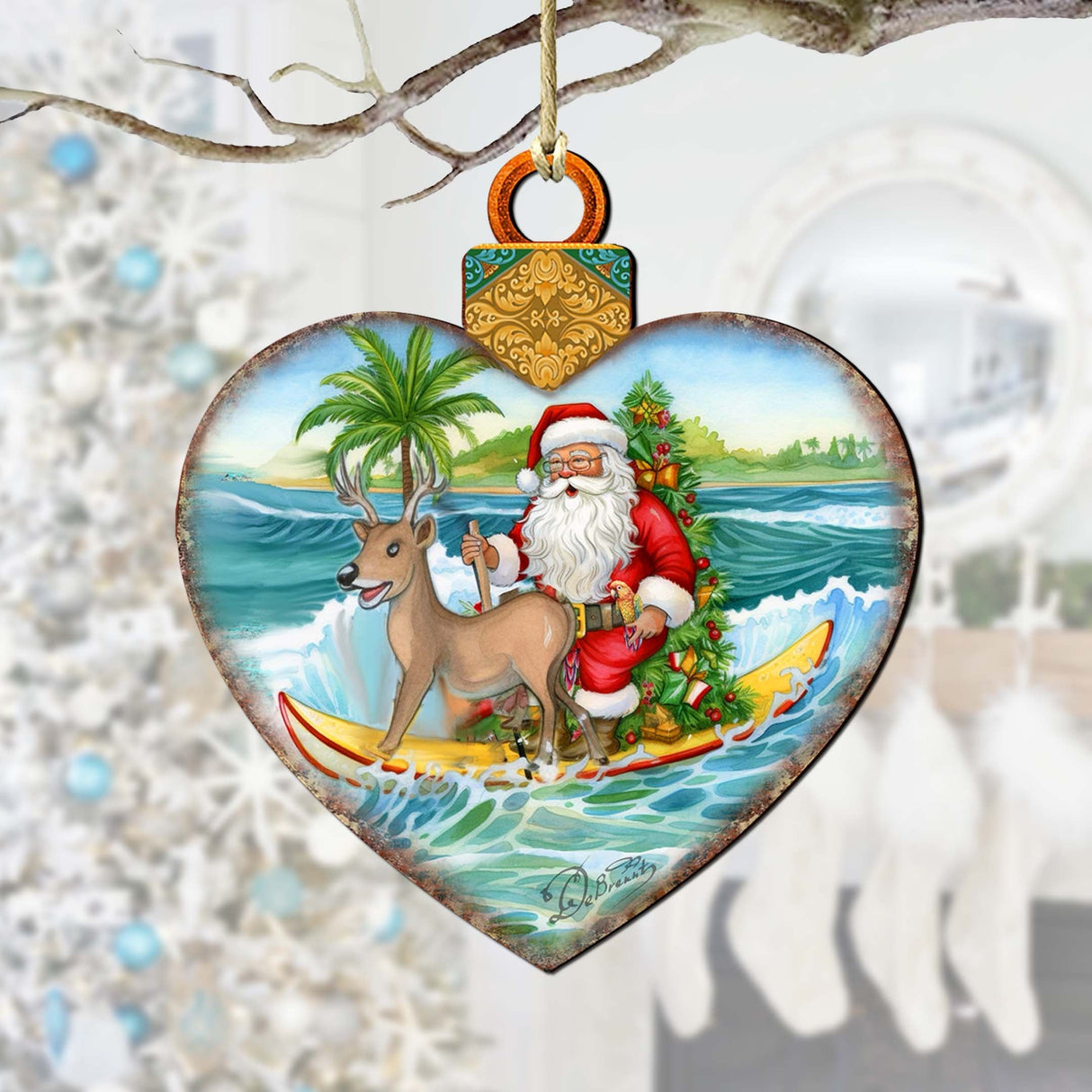 Wooden Christmas Ornaments - Surfing Santa Heart Wooden Ornaments by G.Debrekht - Coastal Holiday Decor - 8688174