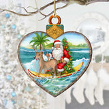 Wooden Christmas Ornaments - Surfing Santa Heart Wooden Ornaments by G.Debrekht - Coastal Holiday Decor - 8688174