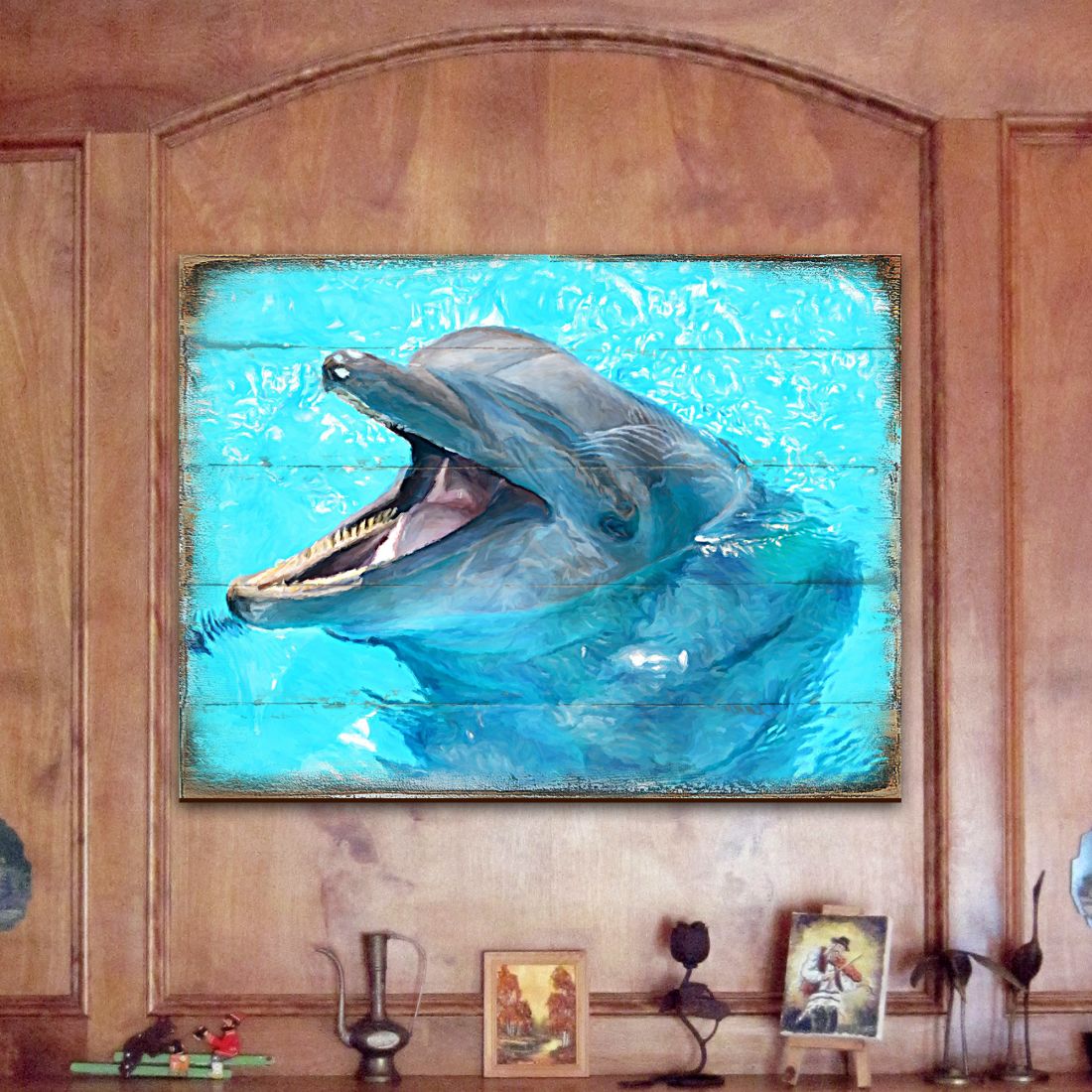 Arte de pared costero de madera con diseño de delfines de Sowers de Nature Wonders - Decoración costera de vida marina - 95267B