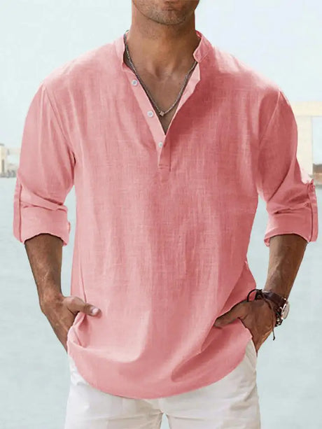 Men's Linen Stand-up Collar Long Sleeve T-shirt Loose Undershirt - Lootquake