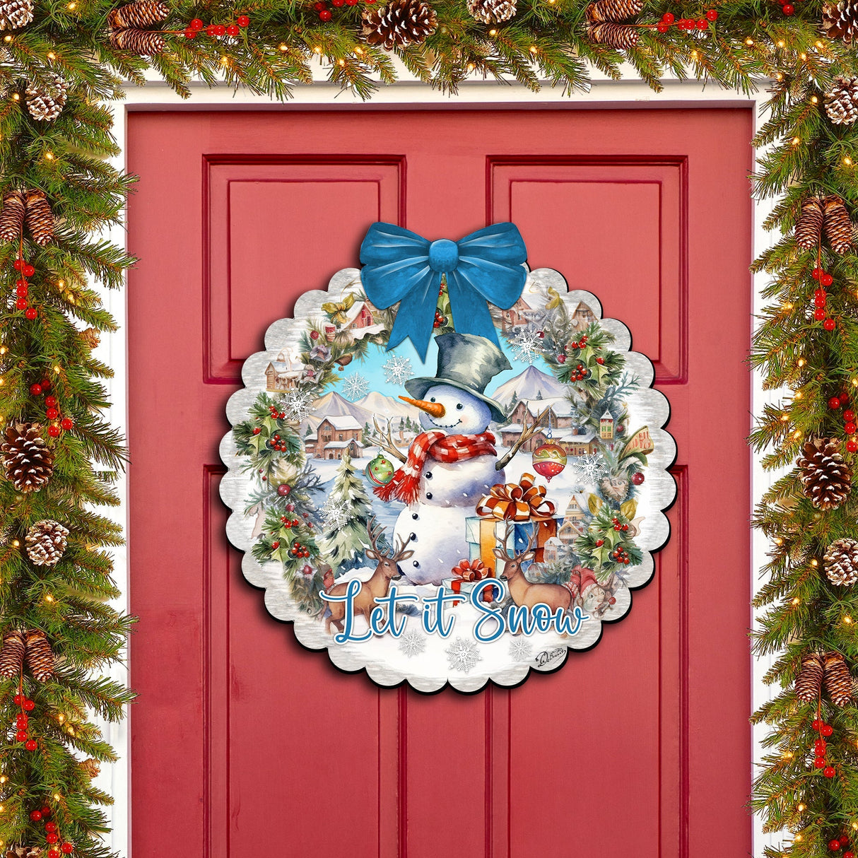 Let It Snow Front Door Welcome Sign, Wooden Front Porch Decor by G. Debrekht Christmas Santa Snowman Decor - 933122H