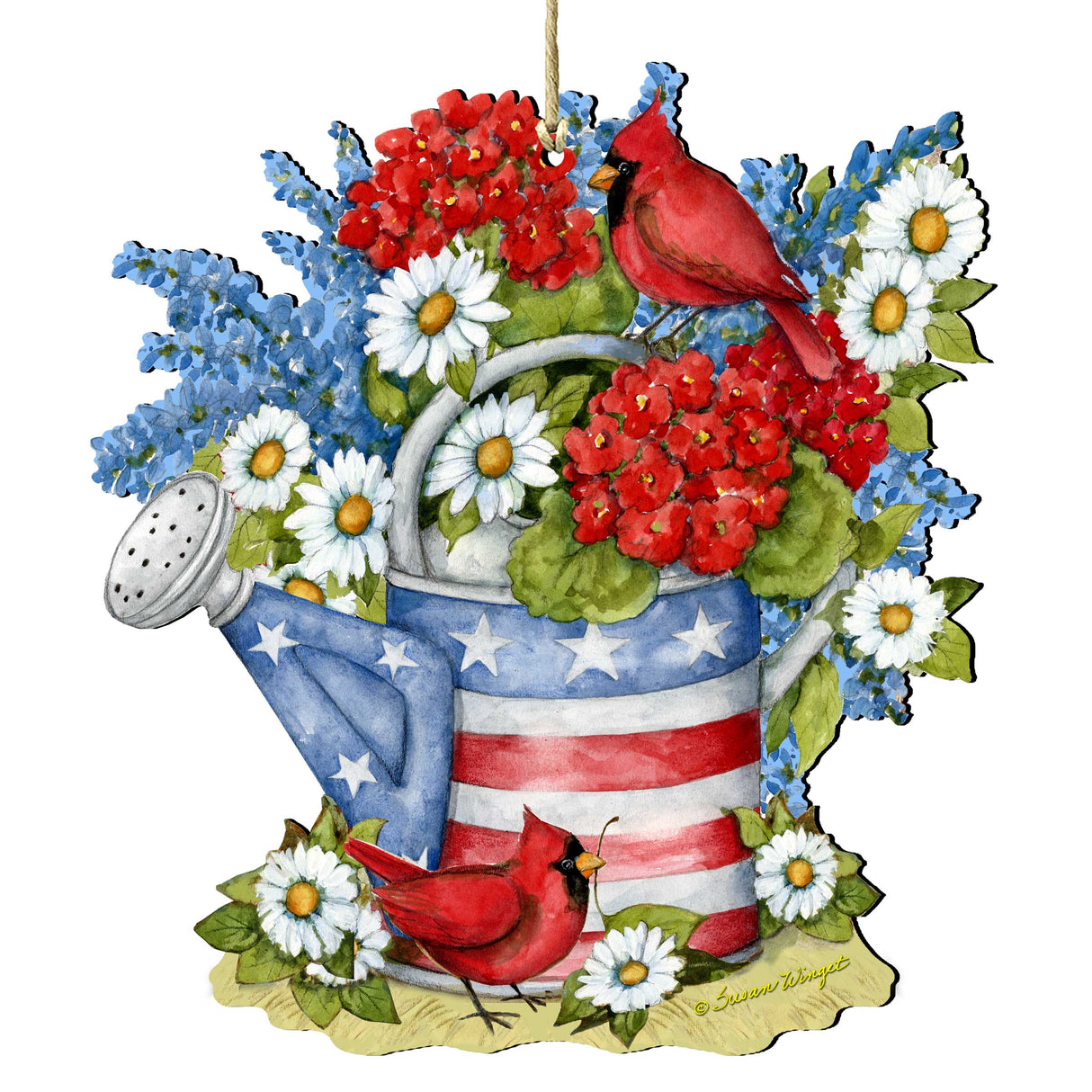 Regadera americana con decoración patriótica - Adorno para maceta - Regalo rústico hecho a mano - Adorno de madera de Susan Winget - 8471212-SW