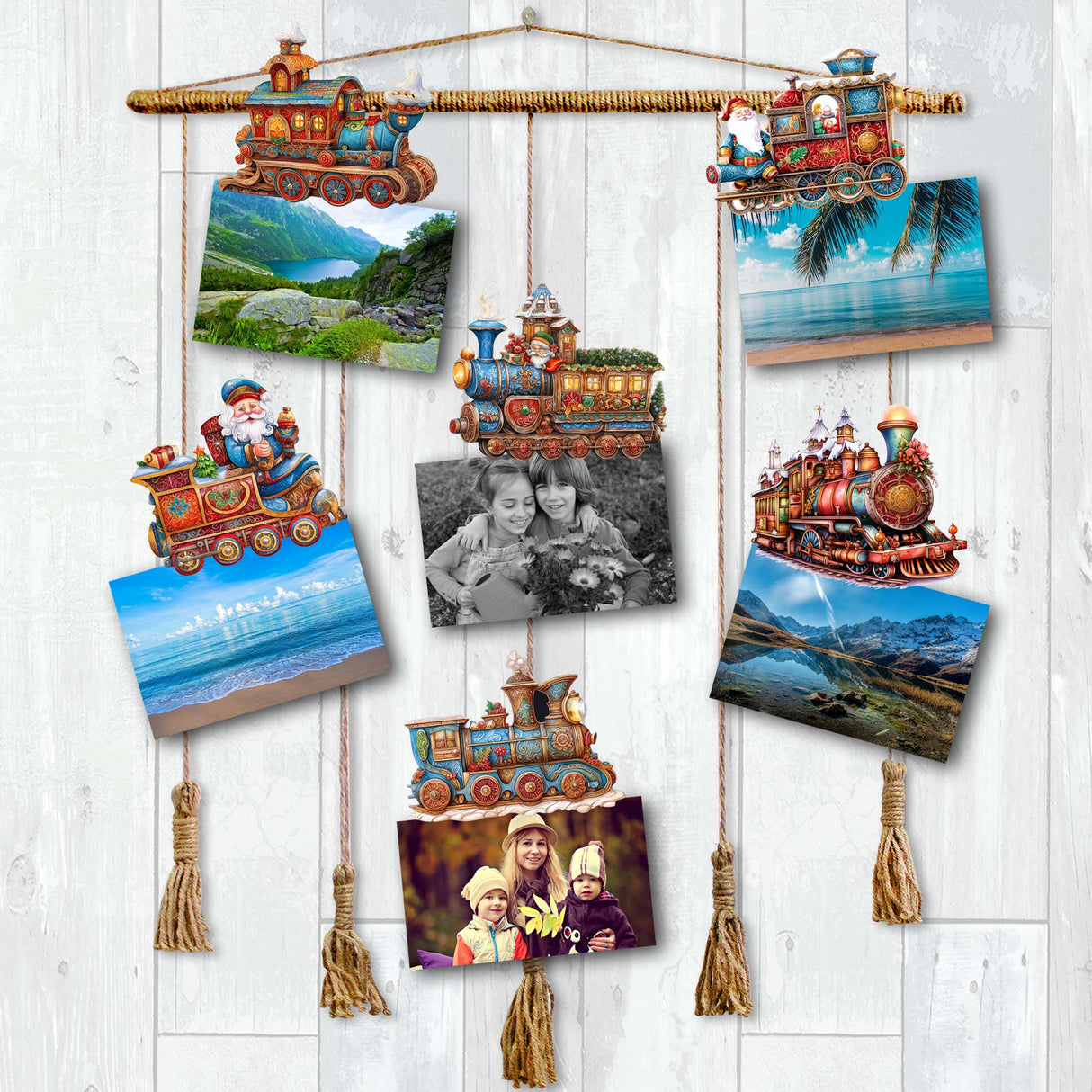 Tren navideño de Papá Noel: juego de 6 adornos decorativos de madera con clip, de G. Debrekht - Decoración navideña - 8090123C-S6