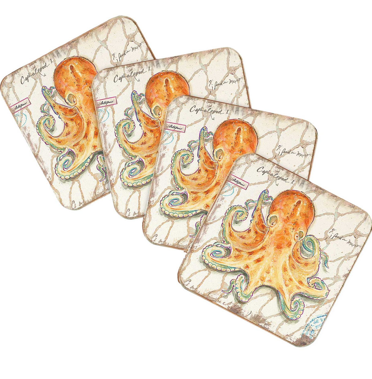 Octopus Coastal Wooden Cork Coasters Gift Set of 4 by Nature Wonders - Coastal Sea-Life Decor - 8198626C-S4