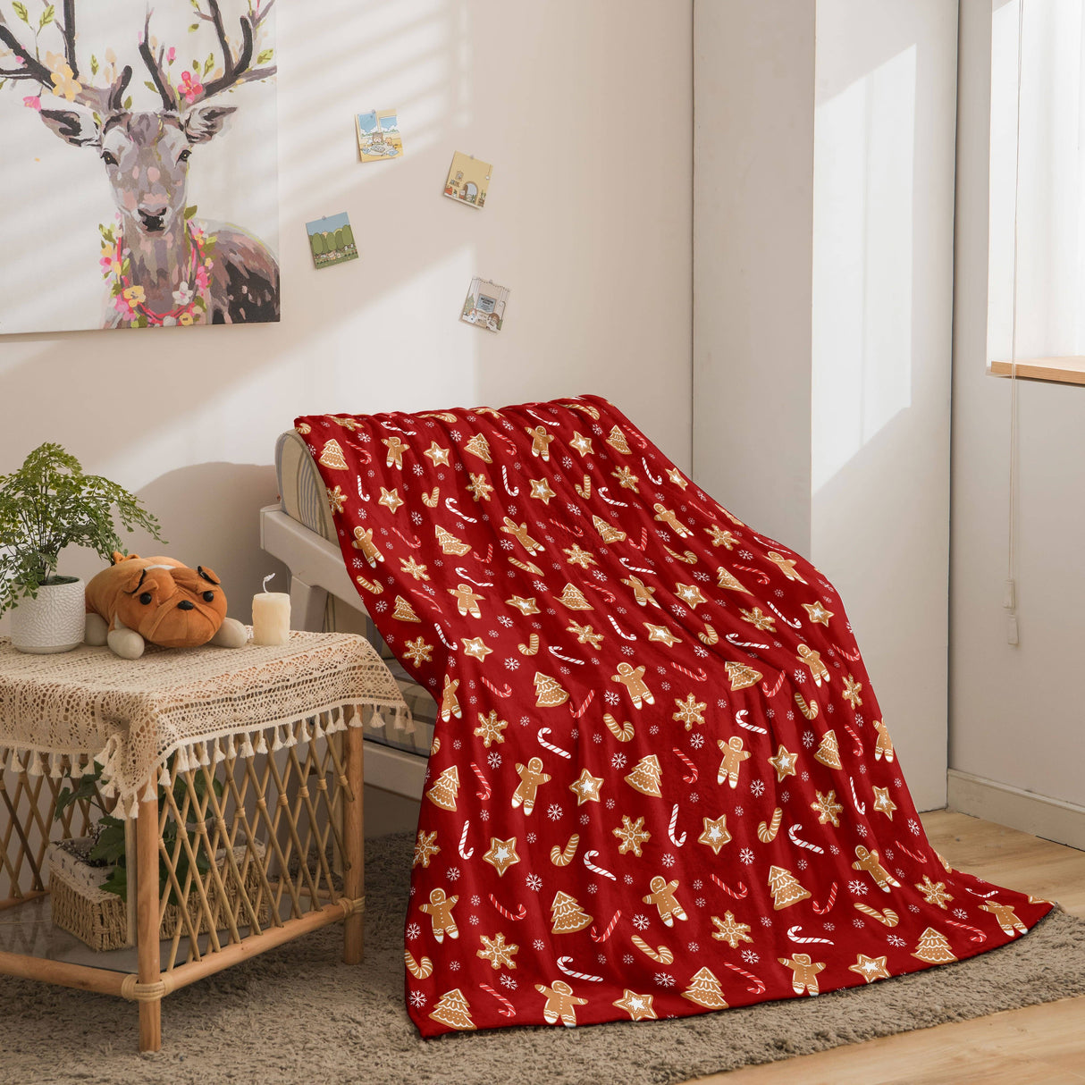 Couverture de Noël, bonhomme en pain d'épices rouge, plaid doux et chaud pour canapé, bureau, lit, camping, voyage, cadeau polyvalent pour toutes les saisons.