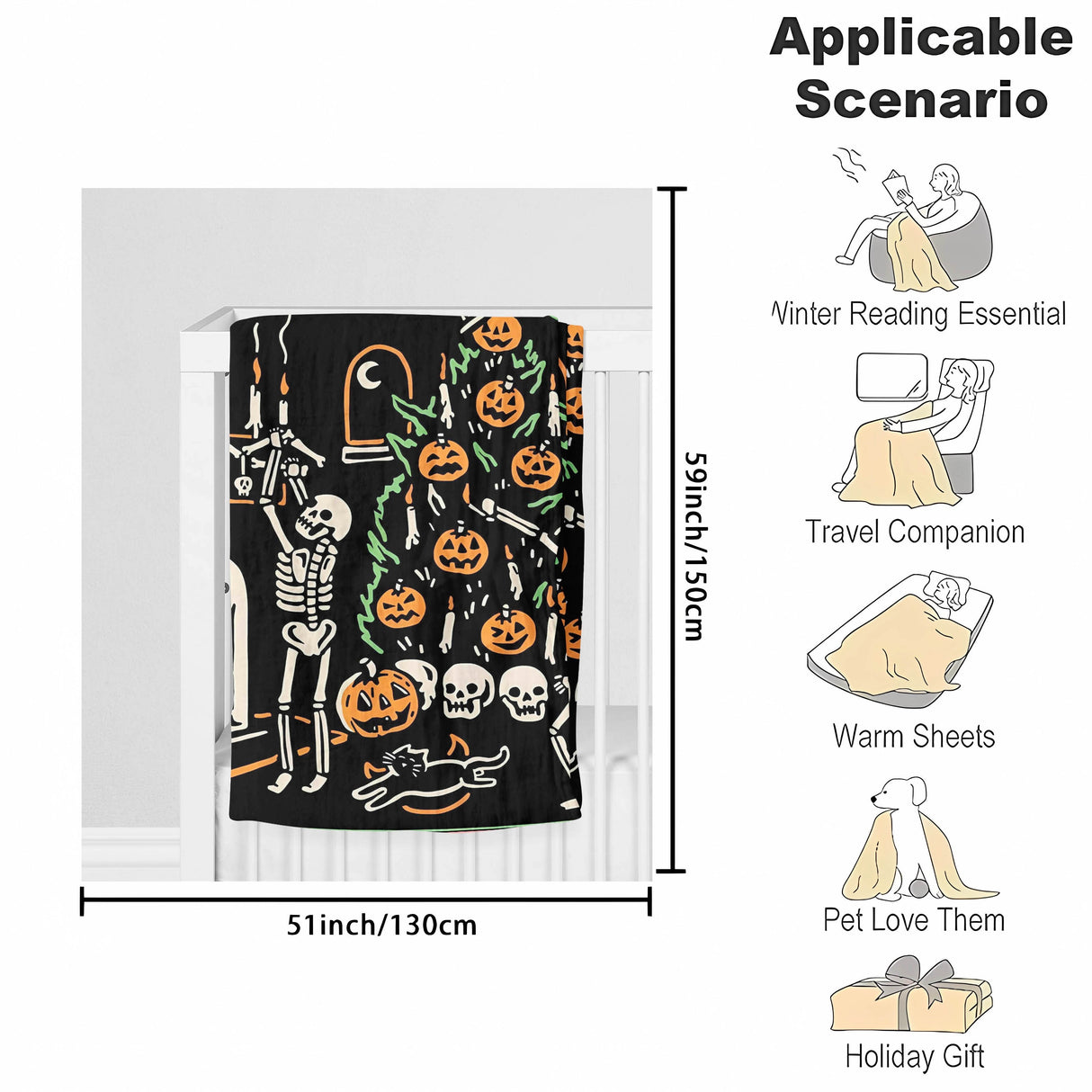 Couverture d'Halloween en flanelle polaire avec motif tête de mort et citrouille, pour femme et homme, légère et moelleuse, idéale pour la chambre ou le canapé, noire