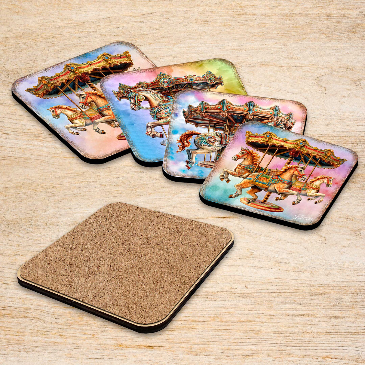 Carousel Horses Wooden Cork Coasters Gift Set of 4 by G. Debrekht - Christmas Decor  - 8199439C-S4