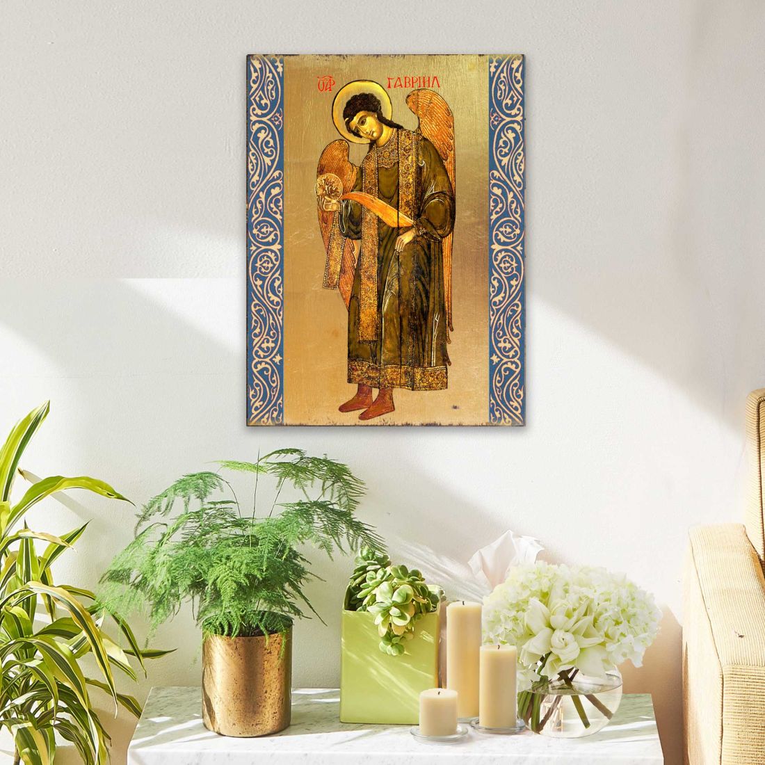 Icono religioso cristiano sagrado de madera bañado en oro de San Gabriel Arcángel - Decoración inspiradora - 85041