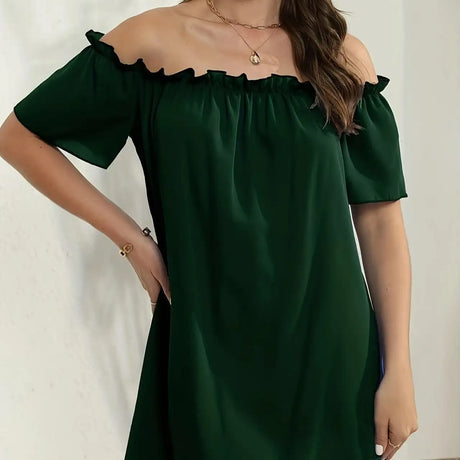 Women's Solid Color Off Shoulder Pleated Decorative Dress, One Shoulder Casual Dress - Lootquake