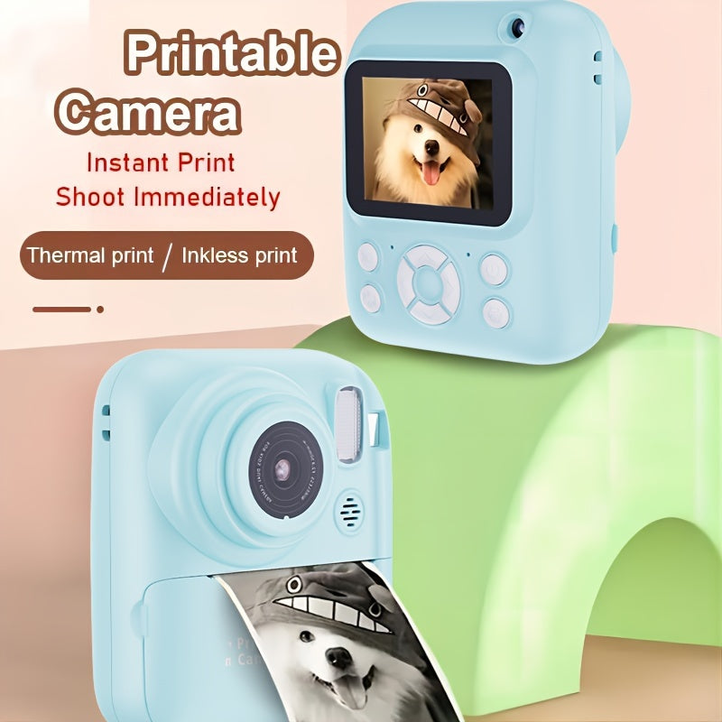 Appareil photo numérique à impression instantanée 48 MP - Mini appareil photo compact d'extérieur avec flash, Full HD 1080p, imprimante photo de dessins animés et papier d'impression pour Halloween, Noël et Thanksgiving
