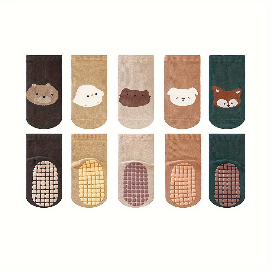 5 pares de adorables calcetines de bebé con estampado de animales: suaves, transpirables, cómodos y elásticos para actividades en interiores. Perfectos para gatear, caminar y uso diario.
