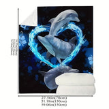 1pc Contemporary Reversible Flannel Blanket, 3D Digital Printed Blue Dolphin Design, All-Season Multipurpose Knitted Polyester Throw for Sofa, Room, Camping, Beach, Party, Office Break - 200-250gsm