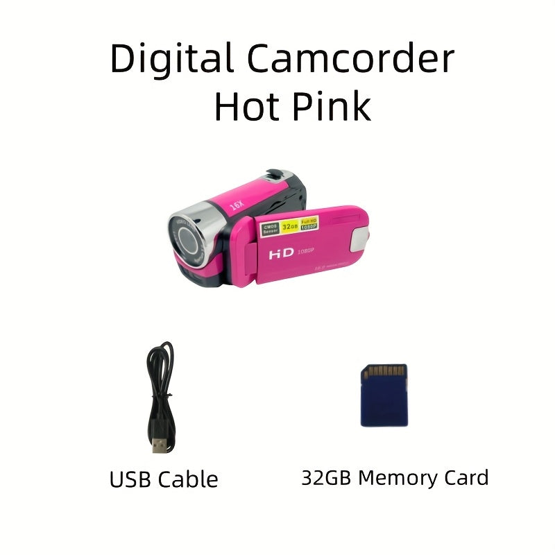 1080P Portable Digital Camcorder, Rotate Screen Digital Camera With Rechargeable Battery And 32G Memory Card Support Selfie, Suitable For Travel Photograph And Friend Gathering And Growth Recording